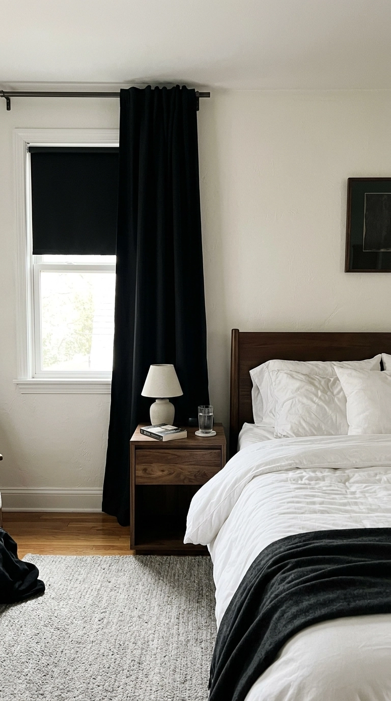 Black curtains over a black roller blind in a hotel style bedroom with white bedding
