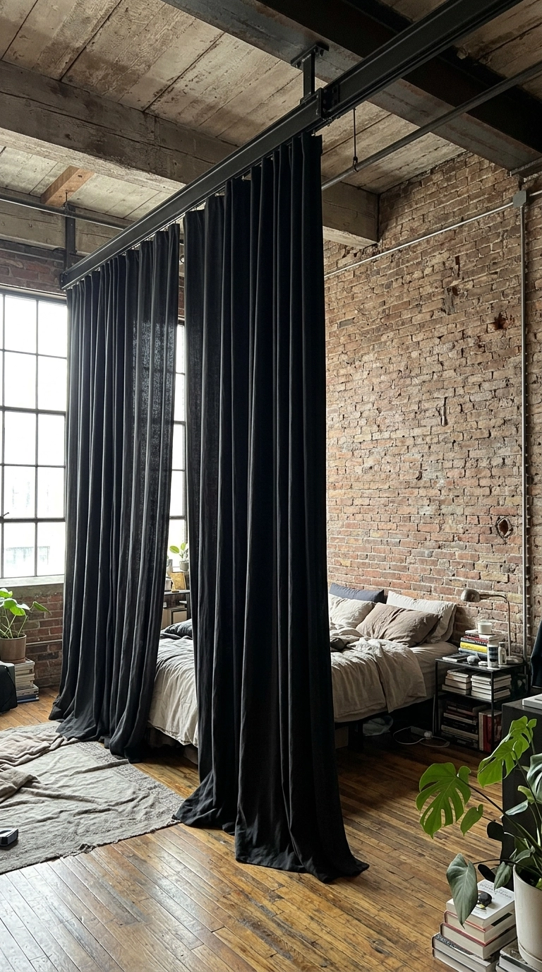 Floor to ceiling black curtains dividing the sleeping zone of a loft bedroom with brick walls