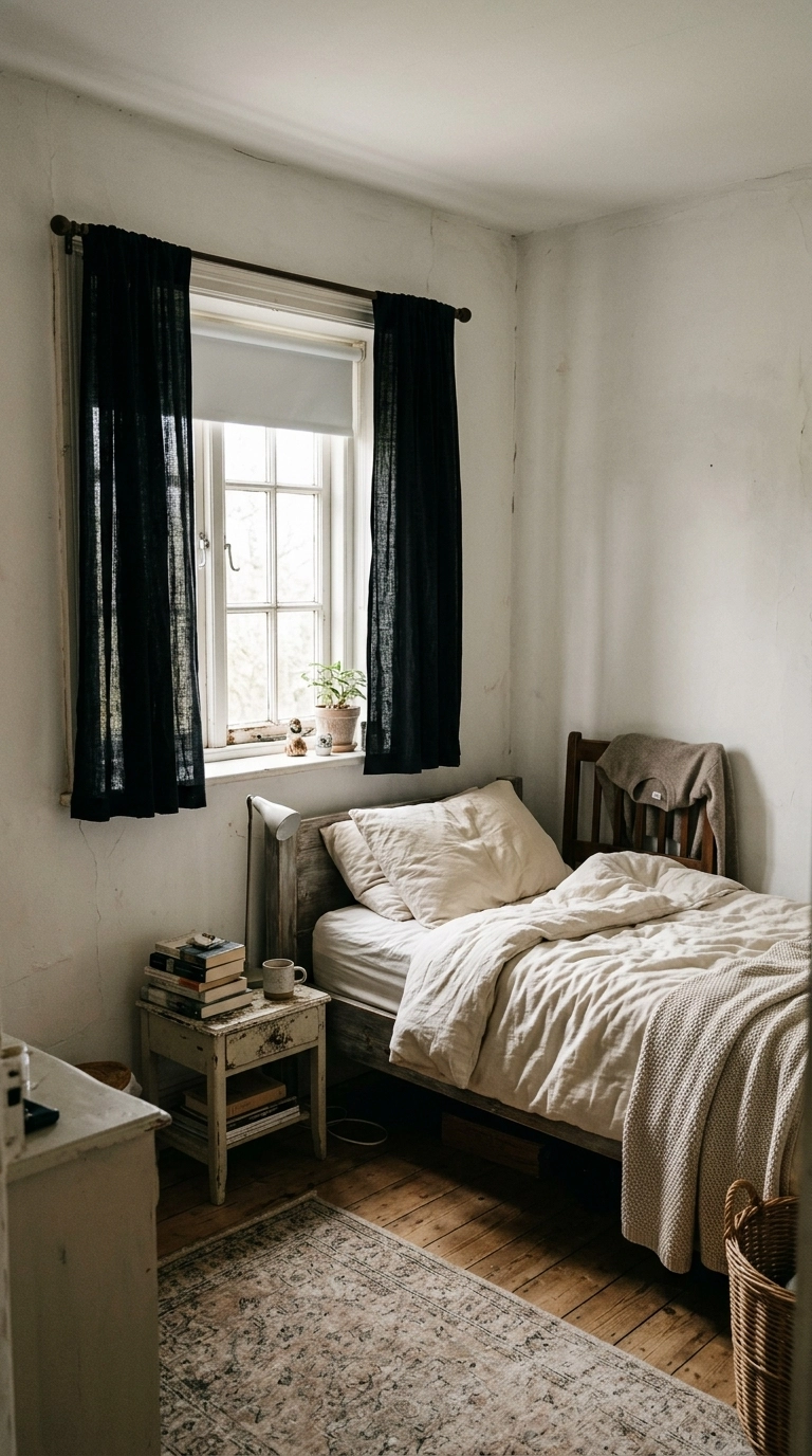 Short black curtains below the sill of a small cottage bedroom window with a white blind behind