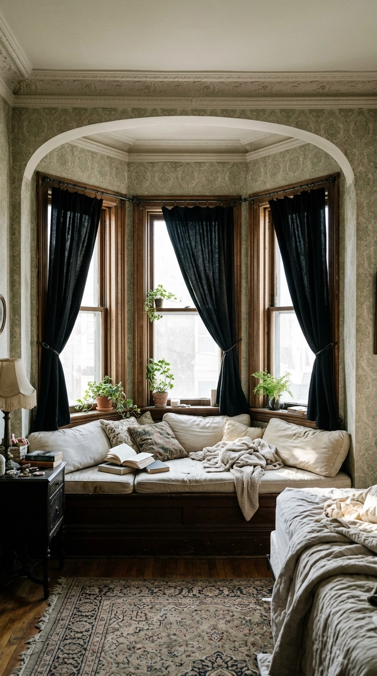 Bay window with black curtain panels on each section and a window seat with pale cushions