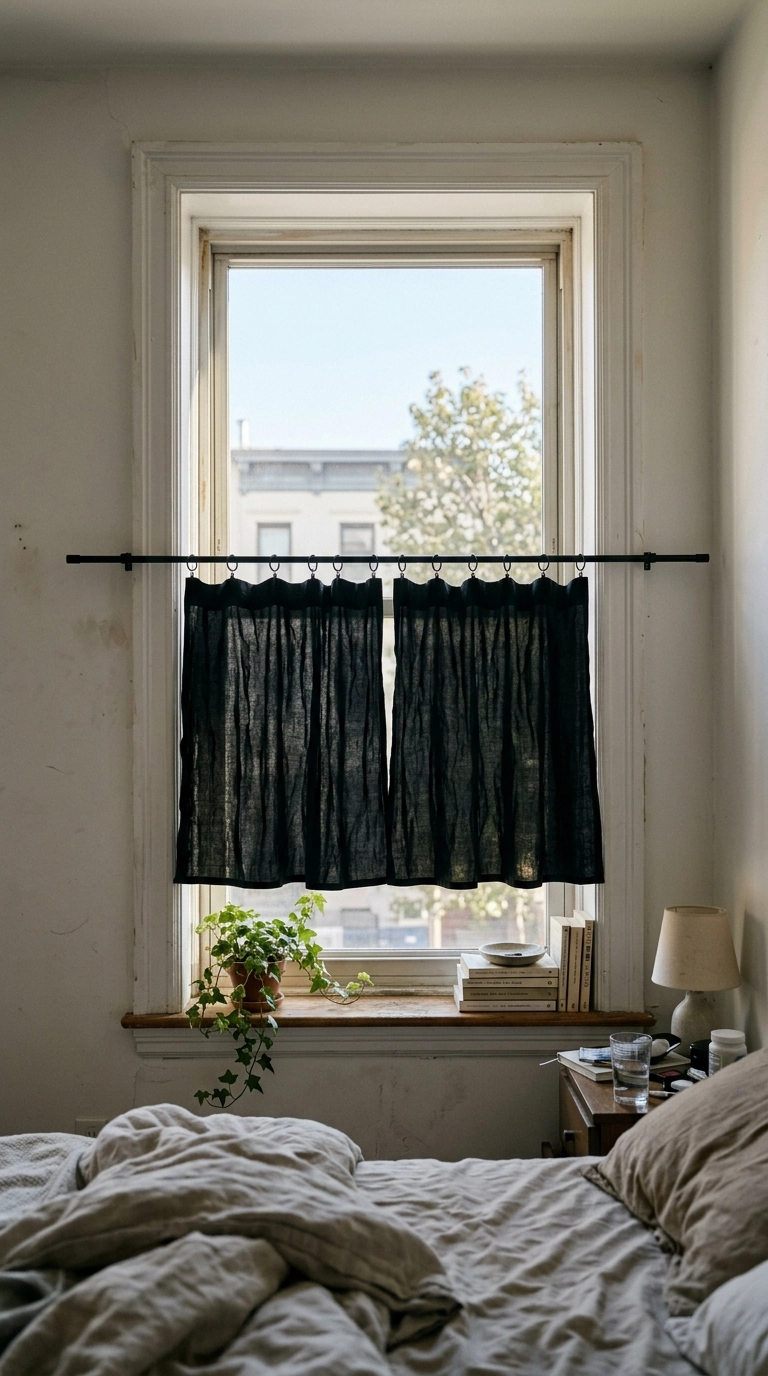 Black cafe curtains covering the lower half of a street level bedroom window