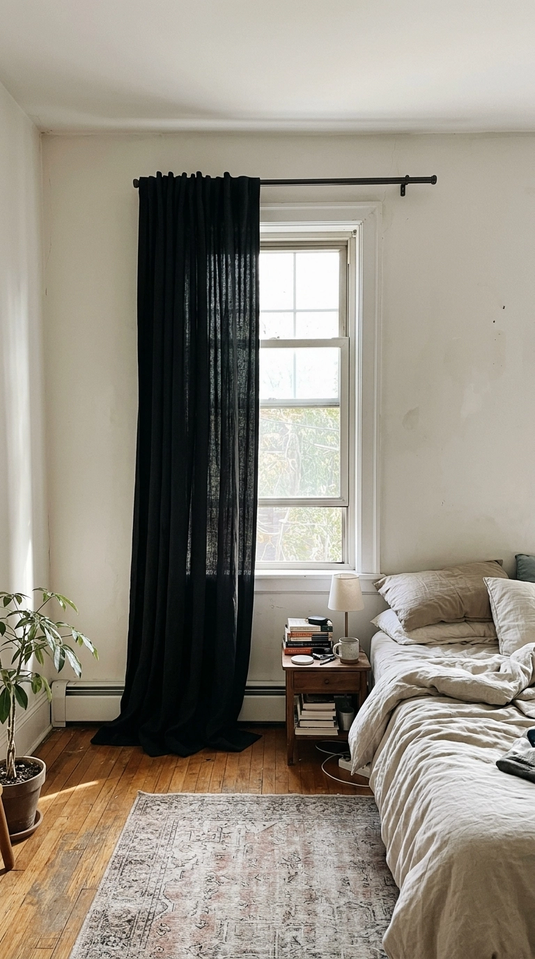 Single wide black curtain panel swept across an off centre bedroom window