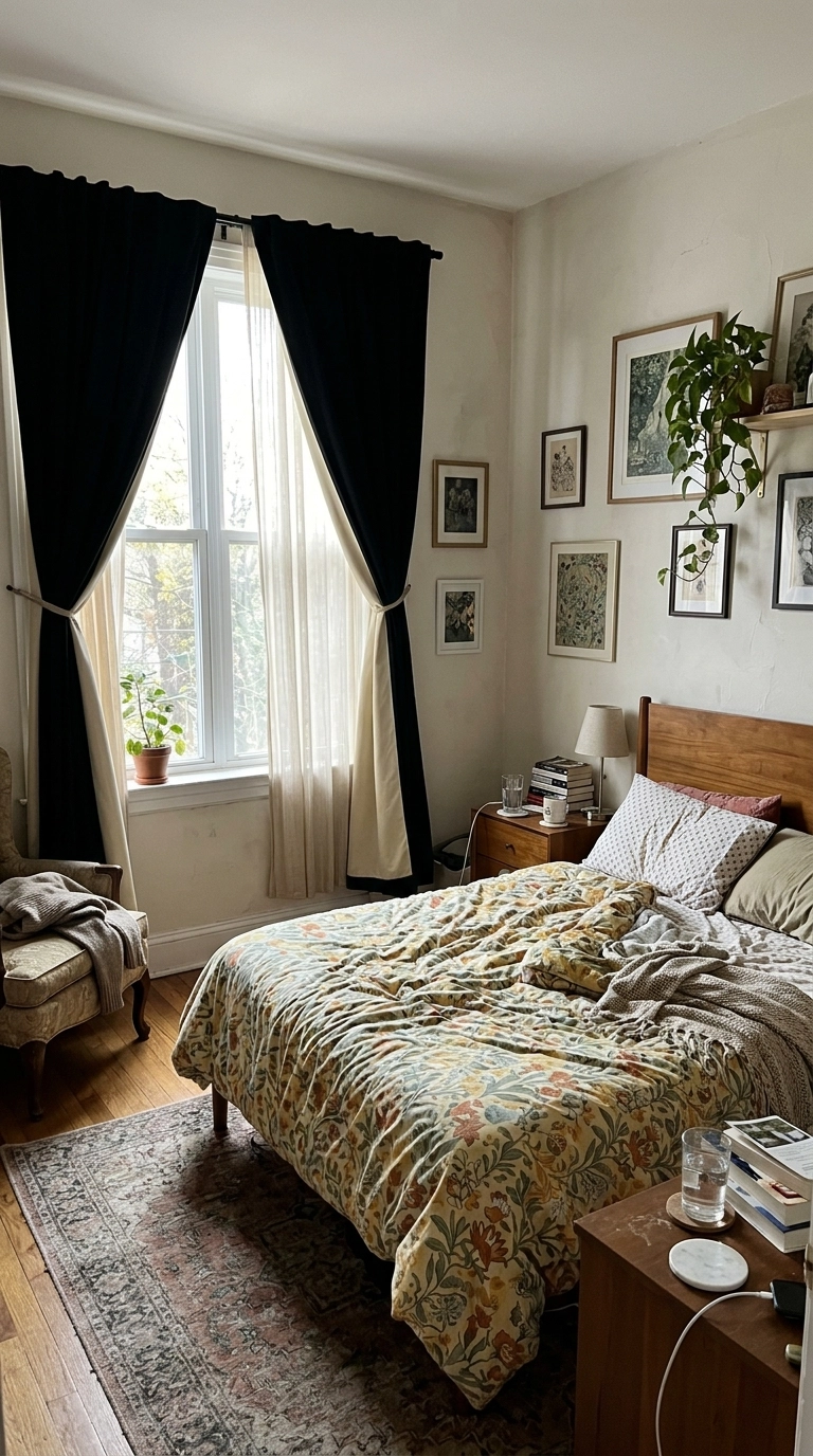 Black curtains with tiebacks and a cream lining edge in a cheerful bedroom with patterned bedding